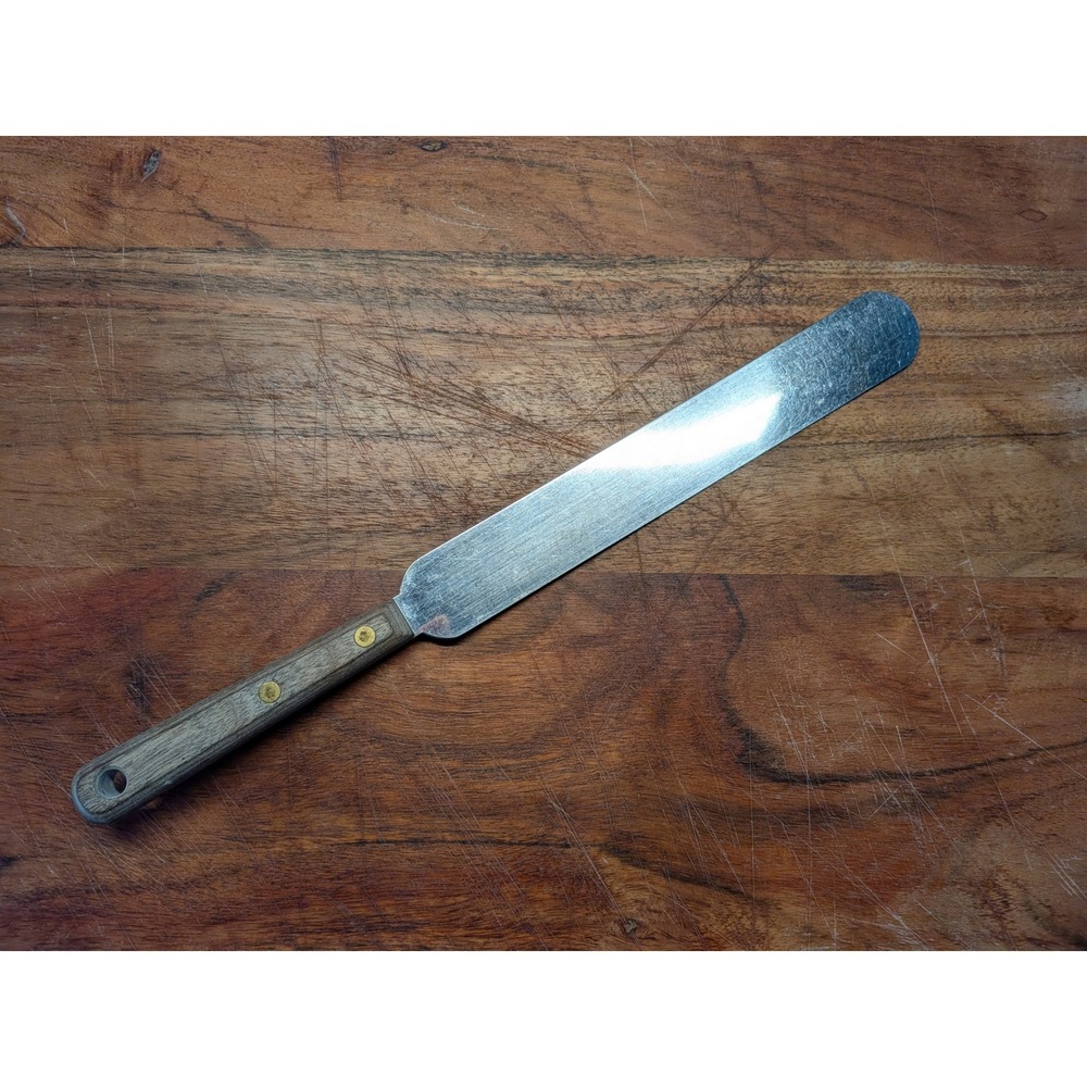 Vintage Stainless Steel Straight Icing Spatula Wood Handle Brass Rivets 12 Inch